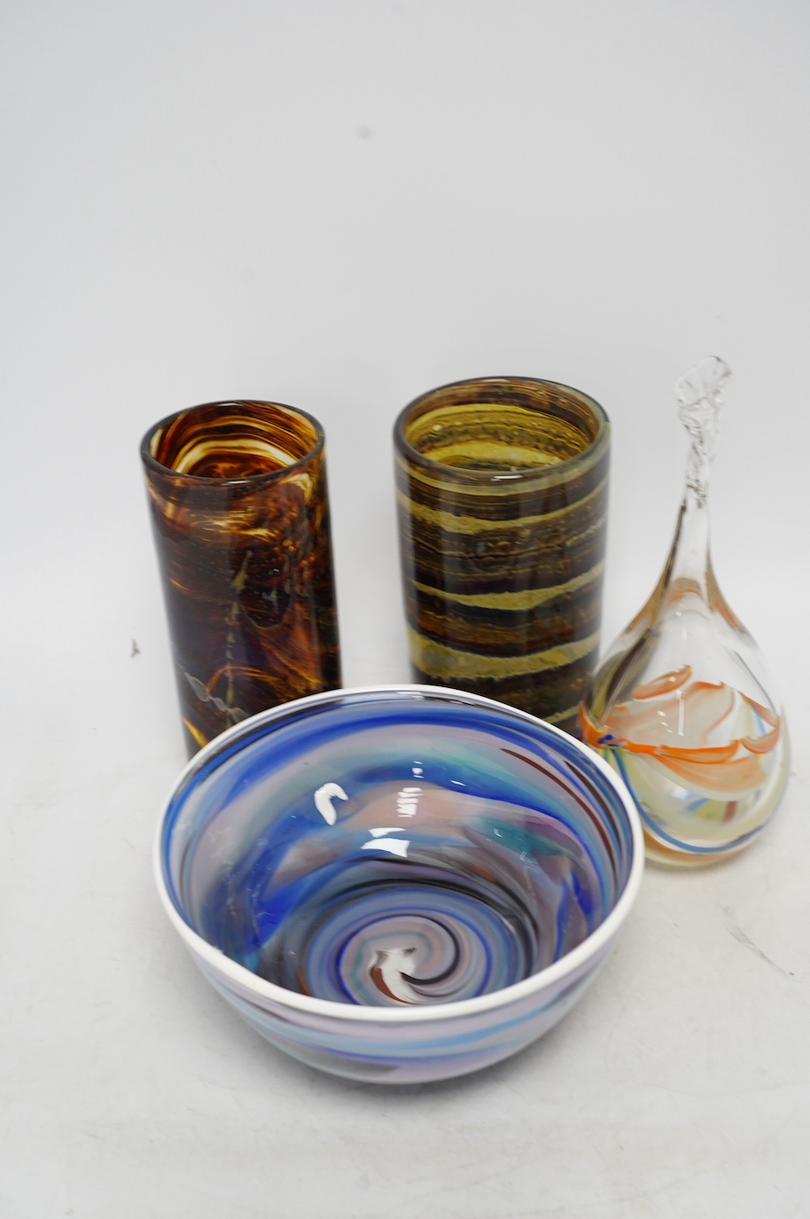 Two Michael Harris glass vases and two Mike Frohlich glass items, tallest 25cm. Condition - good